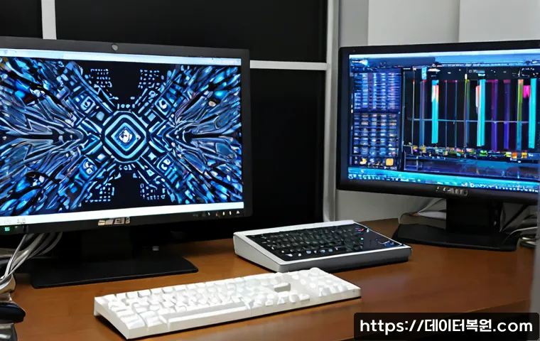 송포동 STATUS_KERNEL_MODULE_CORRUPTION - Photorealistic IT support workstation in a quiet Songpo-dong apartment office, dual monitors showing...