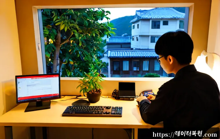 난향동 STATUS_KERNEL_HANDLE_INVALID - Photorealistic IT support workstation in a compact hillside apartment office, dual monitors showing ...