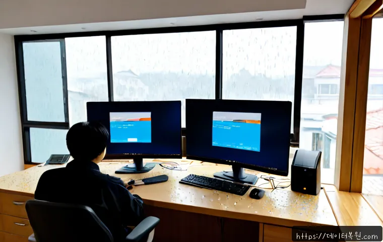 공평동 STATUS_FILE_READ_FAILURE - Photorealistic remote-support workstation in a compact Gongpyeong-dong office, dual monitors showing...