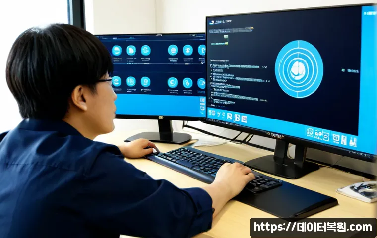 송정동 BAD_SYSTEM_CONFIG_INFO - Photorealistic IT support workstation in a compact Songjeong-dong office, dual monitors showing a no...