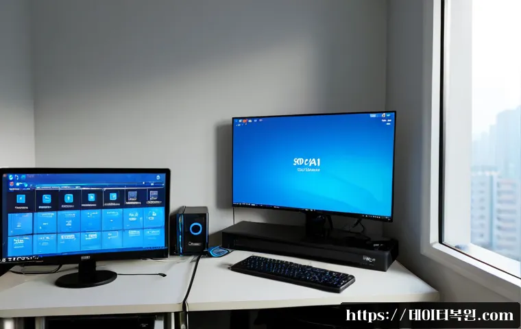 신정동 STATUS_KERNEL_CONFIGURATION_ERROR - Photorealistic remote-support workstation in a compact Sinjeong-dong apartment office, dual monitors...