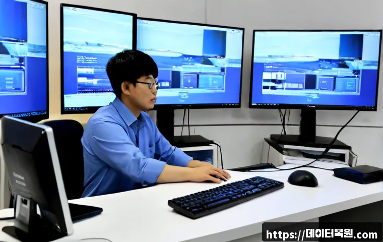 양평동 블루스크린 - Photorealistic IT support workstation in a compact Yangpyeong-dong office, dual monitors with one sh...