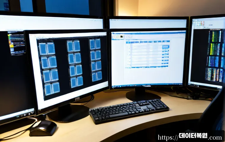 사당동 STATUS_DISK_CORRUPTION - Photorealistic IT support workstation in a compact Sadang-dong office, dual monitors showing abstrac...