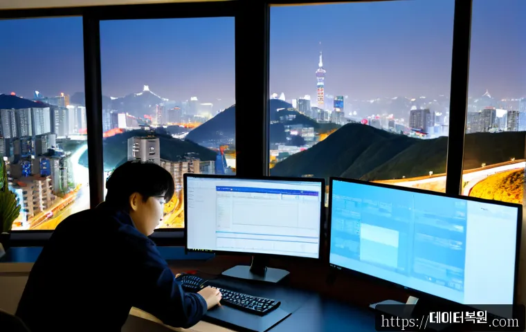 약수동 SESSION3_INITIALIZATION_FAILED - Photorealistic IT support workstation in a compact hillside apartment office, ultrawide monitor show...