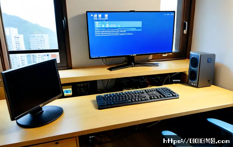 염리동 IO1_INITIALIZATION_FAILED - Photorealistic IT support workstation in a compact hillside Seoul apartment office, dual monitors sh...