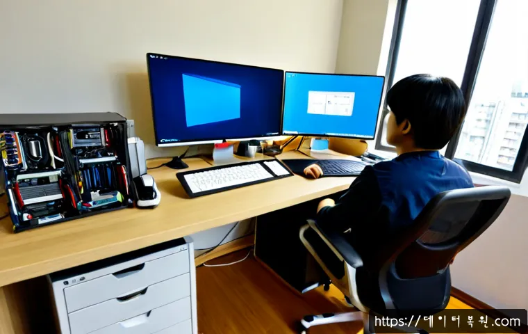 상일동 pc복구중 - Photorealistic PC recovery workstation in a compact Sangil-dong office, technician restoring a deskt...