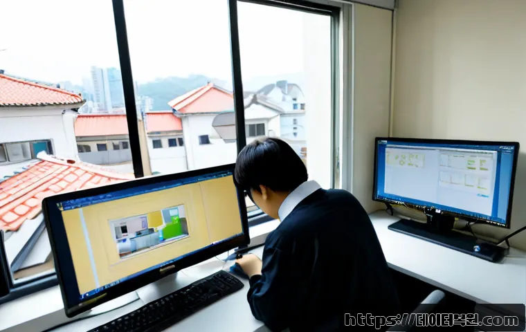 보문동 STATUS_DEVICE_NOT_READY - Photorealistic IT support workstation in a compact Korean neighborhood office, desktop computer conn...