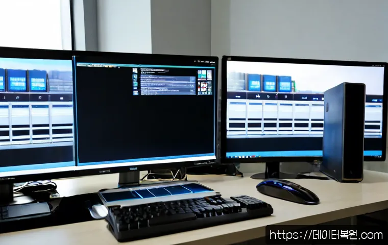 서초구 UNMOUNTABLE_BOOT_VOLUME - Photorealistic IT support workstation in Seocho-gu, Seoul, ultrawide monitor showing a blank dark bo...