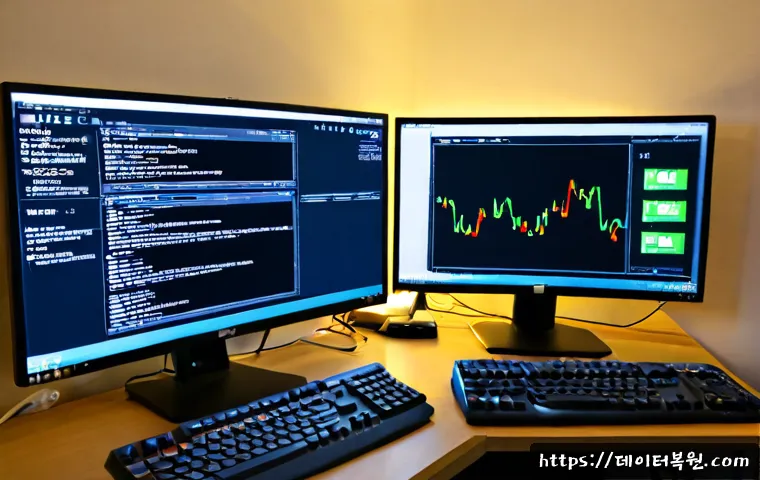 묵정동 STATUS_KERNEL_RESOURCE_ERROR - Photorealistic IT support workstation in a compact Mokjeong-dong office, dual monitors showing a bla...