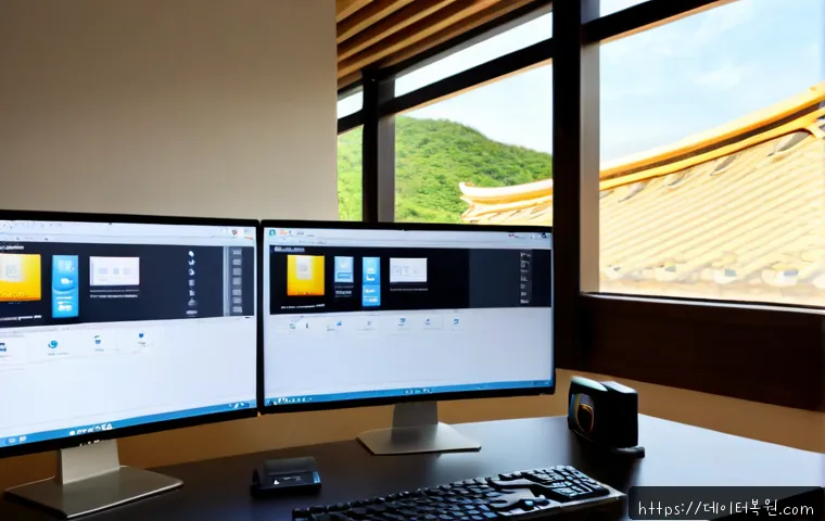 안국동 STATUS_IMAGE_ACCESS_DENIED - Photorealistic software support workstation in a refined Anguk-dong office, dual blank monitors show...