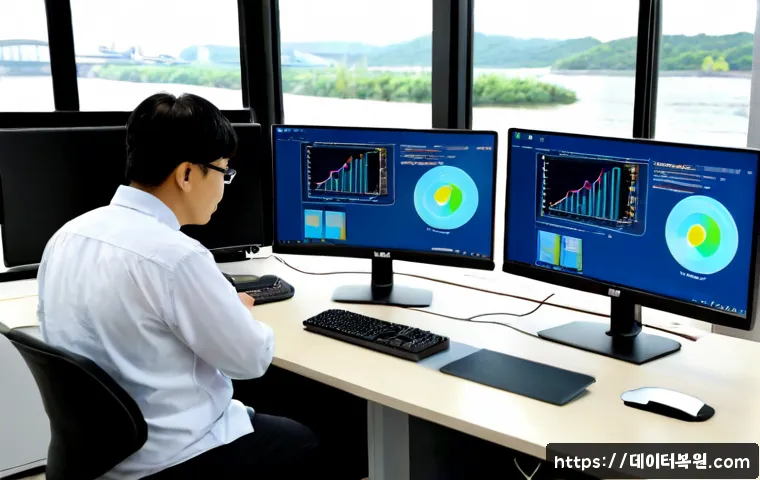 덕은동 STATUS_FLOAT_DIVIDE_BY_ZERO - Photorealistic IT support workstation in Deogeun-dong, modern office overlooking a quiet riverside i...