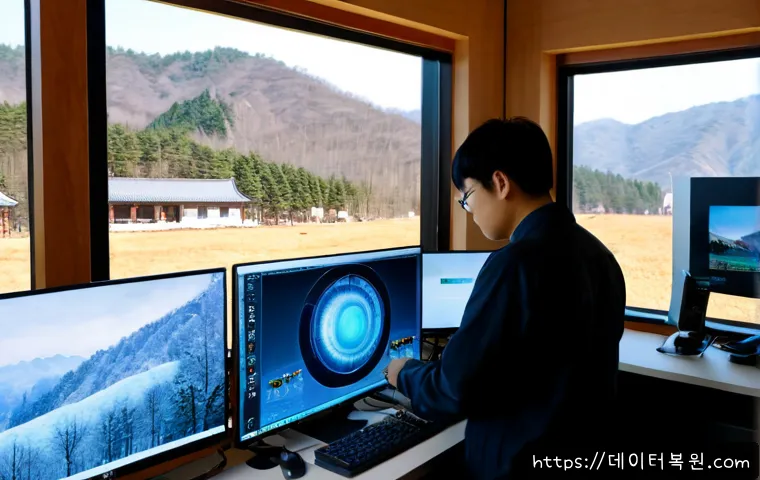 중부면 DRIVER_CORRUPTED_EXPOOL - Photorealistic remote-support workstation in a quiet semi-rural Korean office, dual monitors showing...
