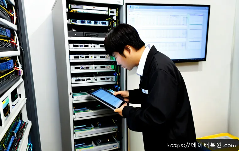 장충동 서버출장방문수리점 - Photorealistic server technician performing on-site diagnostics in a compact Jangchung-dong office s...