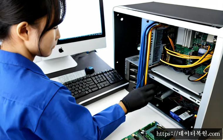 노온사동 메모리조립 및 교체수리 - Photorealistic PC repair workstation in a compact Korean neighborhood service shop, technician weari...