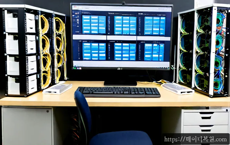 남대문 나스 nas 설정및수리 - Photorealistic IT repair workstation inside a compact Namdaemun market office, technician configurin...