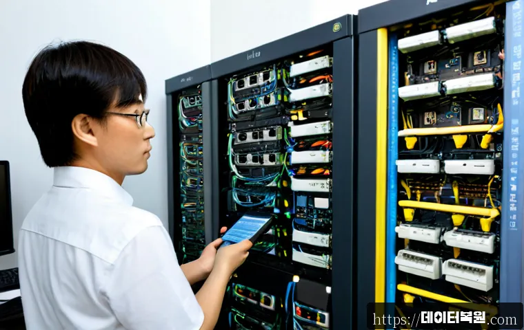 용답동 네트워크구축 설정 및 세팅오류해결 - Photorealistic IT technician configuring a compact network rack in a modern Yongdap-dong workshop of...