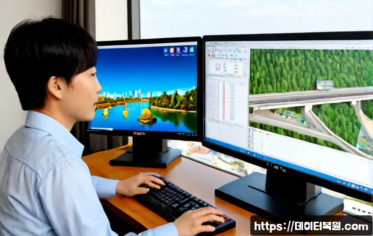 중랑구 REGISTRY_ERROR - Photorealistic IT support workstation in Jungnang District, dual monitors showing a clean untitled s...