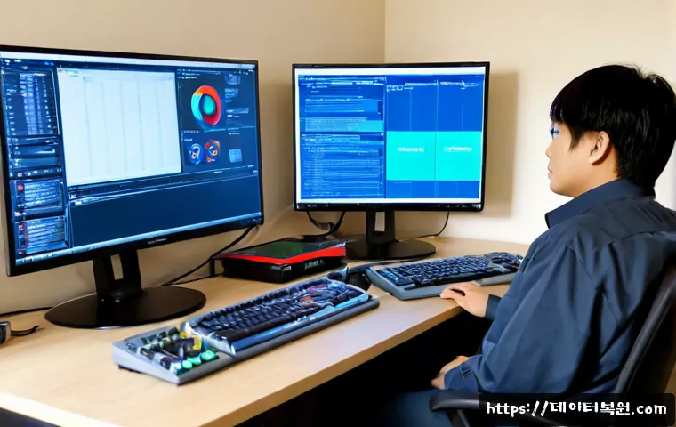 법곳동 STATUS_KERNEL_MODE_EXCEPTION - Photorealistic IT support workstation in a quiet suburban office near low wooded hills, dual monitor...