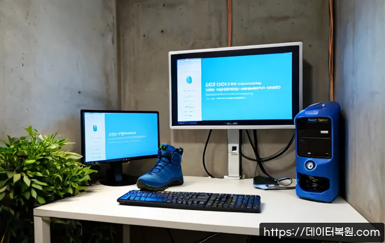 서교동 INACCESSIBLE_BOOT_DEVICE - Photorealistic IT support workstation in a compact Seogyo-dong creative office, dual monitors showin...