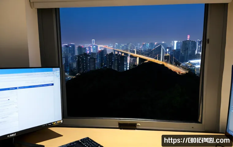 광진구 STATUS_DEVICE_OFFLINE - Photorealistic remote IT support workstation in Gwangjin-gu, Seoul, dual monitors showing a blank de...