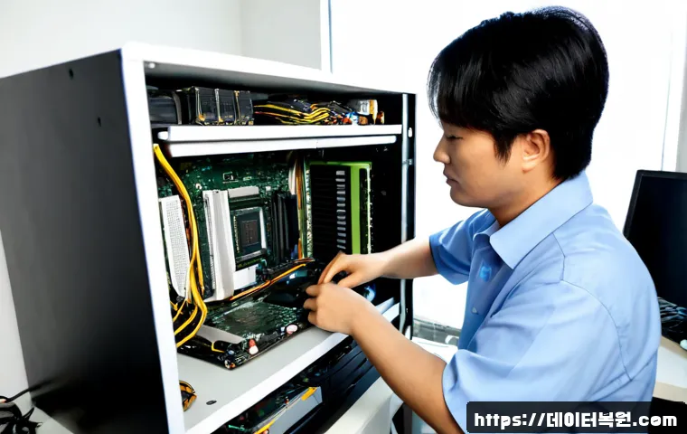 노량진 그래픽카드조립 및 교체수리 - Photorealistic computer repair workstation in a compact Noryangjin electronics service shop, technic...