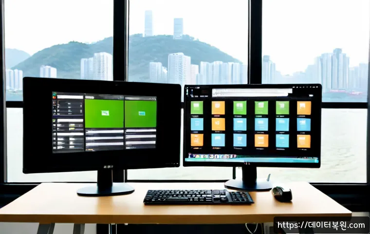광장동 STATUS_FILE_READ_FAILURE - Photorealistic IT support workstation in a modern Gwangjang-dong apartment office, dual monitors sho...