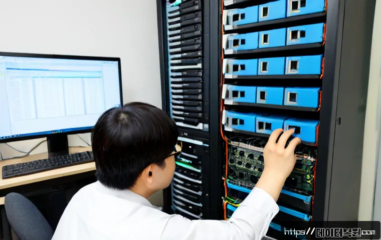 난곡동 파일서버출장방문수리점 - Photorealistic on-site file server repair in a compact Nanggok-dong office, technician connecting di...