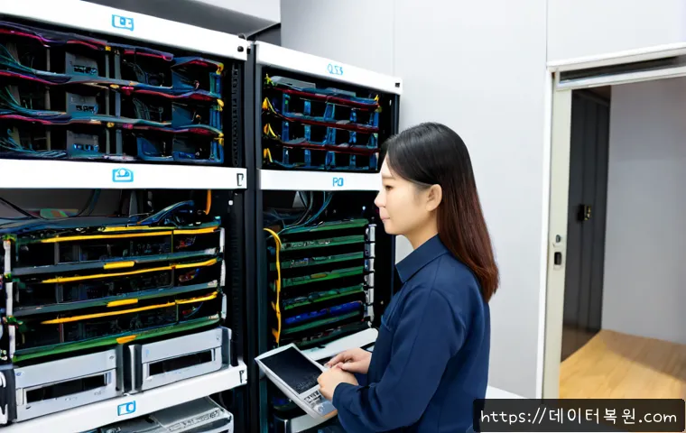 서소문동 파일서버출장방문수리점 - Photorealistic on-site file server repair in a compact Seosomun-dong office, technician connecting d...
