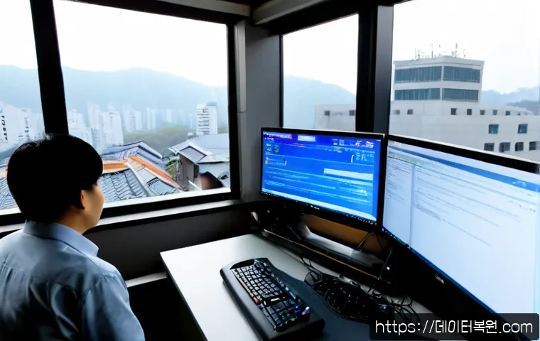 운니동 STATUS_KERNEL_HANDLE_INVALID - Photorealistic remote IT support workstation in Unni-dong, Seoul, dual monitors showing a blank cras...
