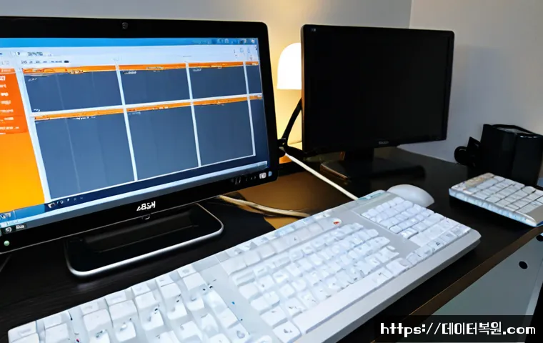 용강동 f4키 누르라고 할때 - Photorealistic remote-support workstation in a compact Yonggang-dong apartment office, close-up of a...