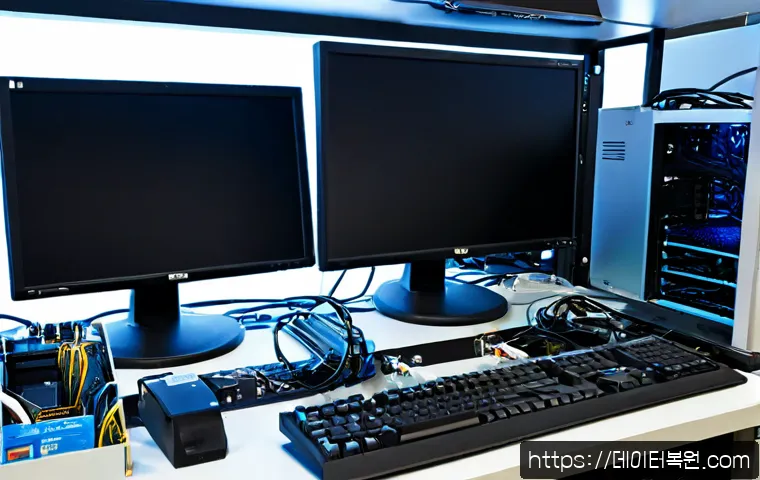 신도동 WIN32K_POWER_WATCHDOG_TIMEOUT - Photorealistic PC repair workstation in a compact Sindo-dong electronics workshop, dual monitors wit...