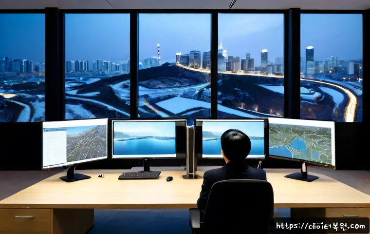 대장동 INTERNAL_POWER_ERROR - Photorealistic architectural visualization workstation in a modern Pangyo-style planning office, dua...