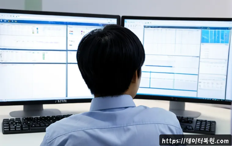 구로구 SESSION_HAS_NO_PAGEFILE - Photorealistic IT support workstation in Guro District, Seoul, dual monitors showing a complex blank...