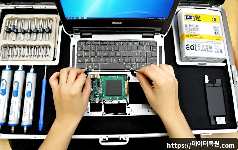 보라매동 맥북에어 판매 및 수리 - Photorealistic compact laptop repair workstation in a quiet Boramae-dong electronics shop, slim silv...