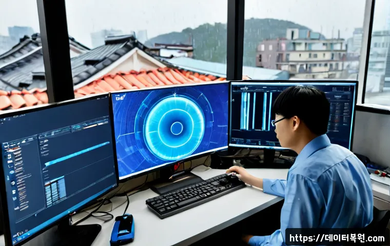 오장동 UNEXPECTED_KERNEL_MODE_TRAP - Photorealistic IT support workstation in Ojang-dong, Seoul, ultrawide monitor displaying an abstract...