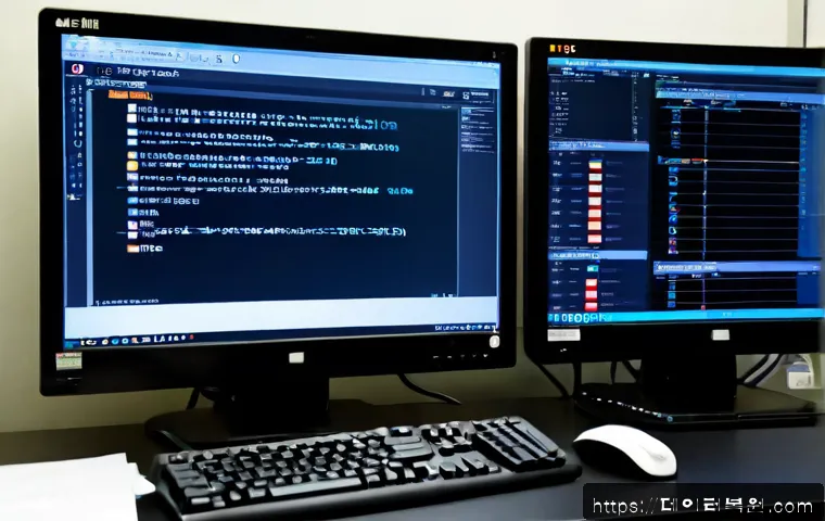 신설동 자동복구 - Photorealistic IT support workstation in a compact eastern Seoul office, desktop monitor showing a c...