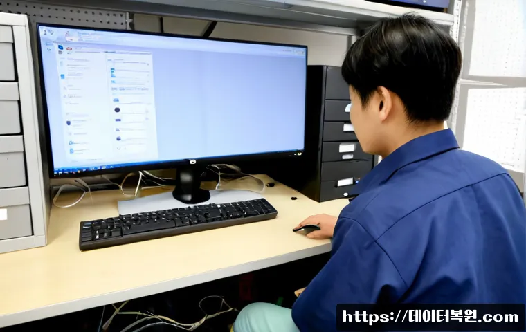 오장동 STATUS_MEMORY_ACCESS_DENIED - Photorealistic IT support workstation in an Ojang-dong style wholesale workshop office, dual monitor...