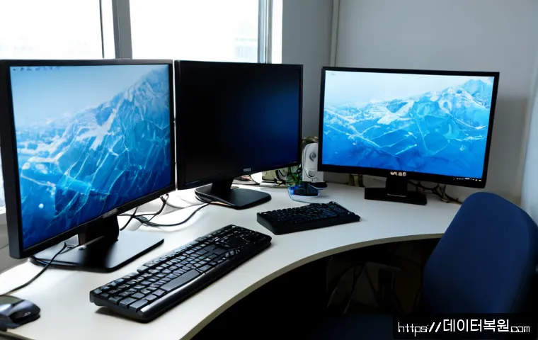 화정동 CLOCK_WATCHDOG_TIMEOUT - Photorealistic computer repair workstation in a compact Hwajeong-dong apartment office, dual monitor...
