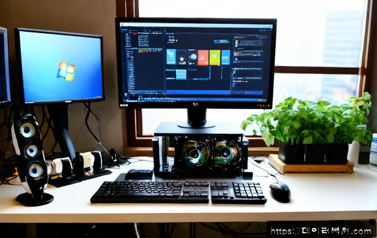 제기동 STATUS_KERNEL_MODULE_CORRUPTION - Photorealistic IT support workstation in Jegi-dong, Seoul, dual monitors showing a non-branded 3D CA...