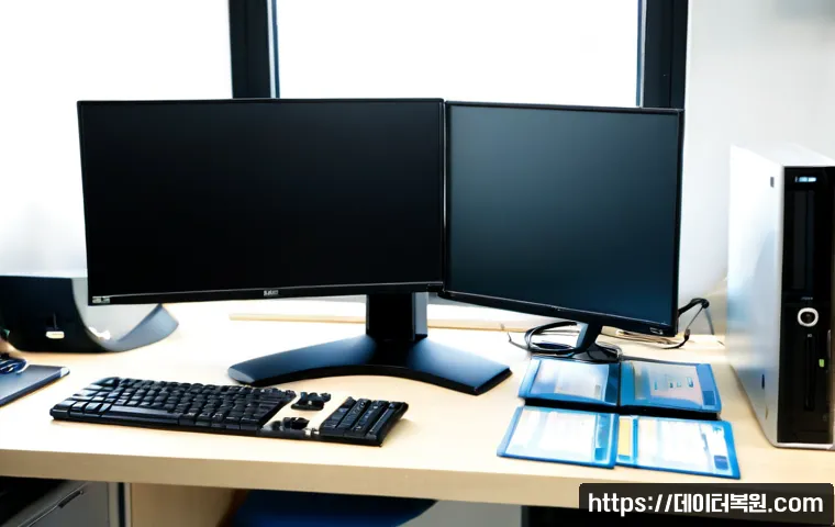 산황동 FAT_FILE_SYSTEM - Photorealistic IT support workstation in a compact suburban Korean office, dual monitors showing a c...