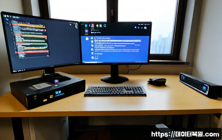 문봉동 UNMOUNTABLE_BOOT_VOLUME - Photorealistic IT support workstation in a quiet Munbong-dong apartment office, desktop tower opened...