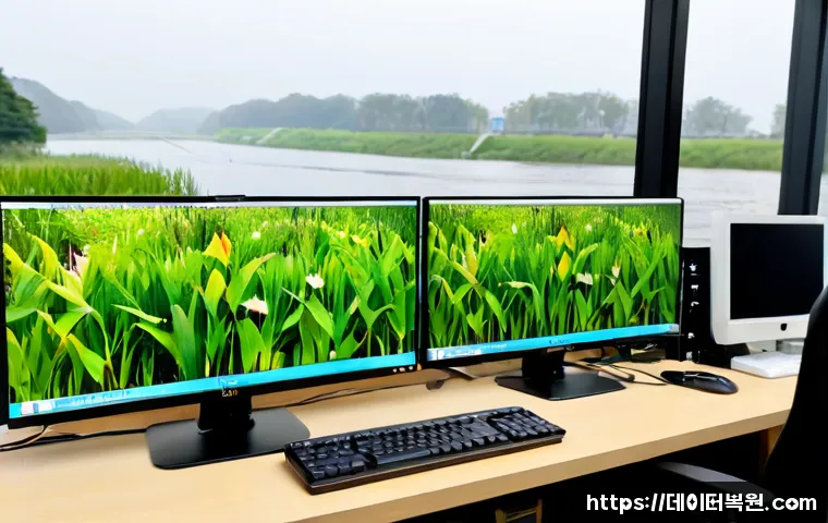오곡동 STATUS_PAGEFILE_MISSING - Photorealistic IT support workstation in a quiet modern office near a reed-lined riverside district,...