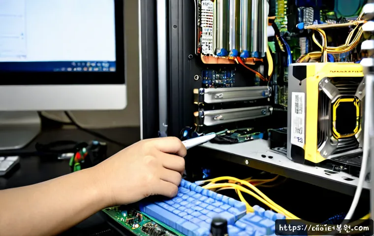 강매동 그래픽카드조립 및 교체수리 - Photorealistic computer repair workstation in Gangmae-dong, technician carefully installing a high-e...