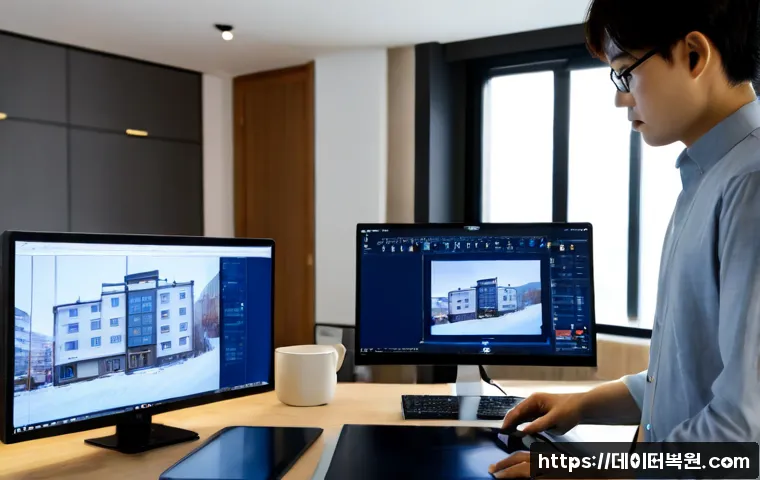 법곳동 WIN32K_POWER_WATCHDOG_TIMEOUT - Photorealistic architectural workstation in Beopgot-dong, a focused designer reviewing a complex unb...