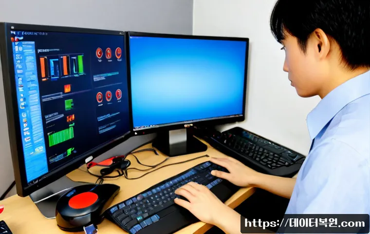 대신동 STATUS_INVALID_DEVICE_REQUEST - Photorealistic IT support workstation in a compact Daesindong office, technician studying a desktop ...