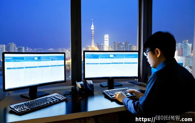 신길동 STATUS_KERNEL_DEBUG_FAILURE - Photorealistic IT support workstation in a compact Yeongdeungpo apartment office, dual monitors show...