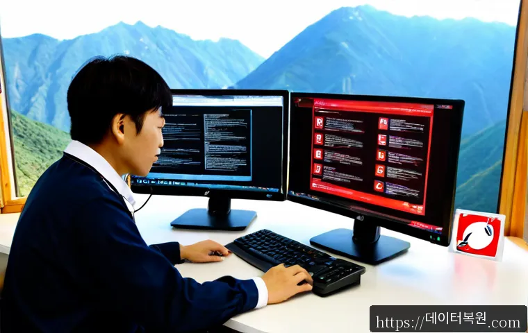우이동 STATUS_SYSTEM_LICENSE_INVALID - Photorealistic remote-support workstation in a quiet Ui-dong home office, dual monitors showing a di...