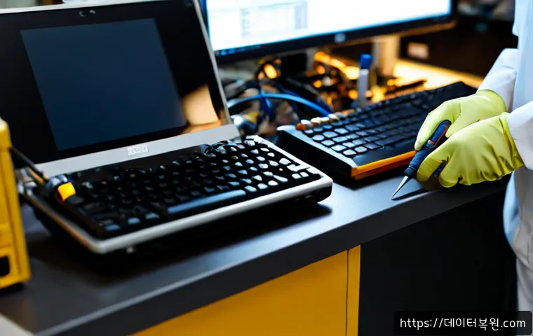 창전동 맥미니 판매 및 수리 - Photorealistic electronics service bench in Changjeon-dong, a compact silver mini desktop computer o...