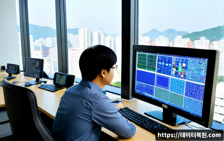 고덕동 STATUS_KERNEL_MODULE_CORRUPTION - Photorealistic IT support workstation in a modern Godeok-dong office tower, dual monitors showing ab...