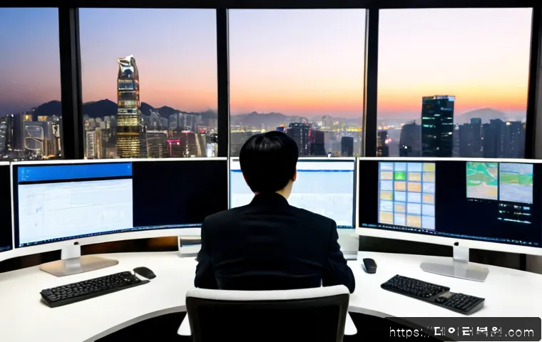 압구정동 STATUS_IO_TIMEOUT - Photorealistic luxury office workstation in an upscale Seoul neighborhood, dual monitors showing a f...